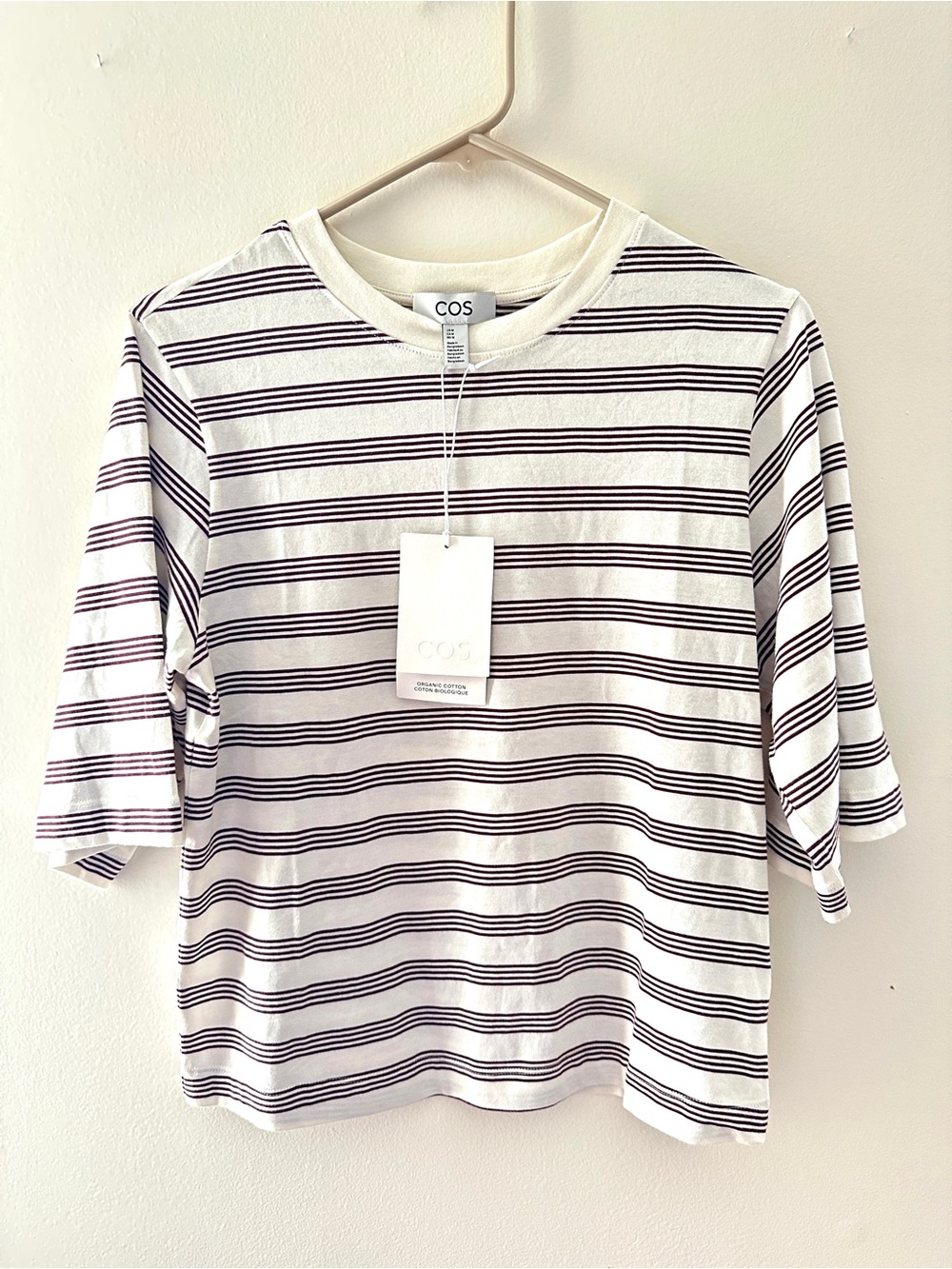 COS White and BrownStriped Short Sleeve cropped Tee Size Medium NWT